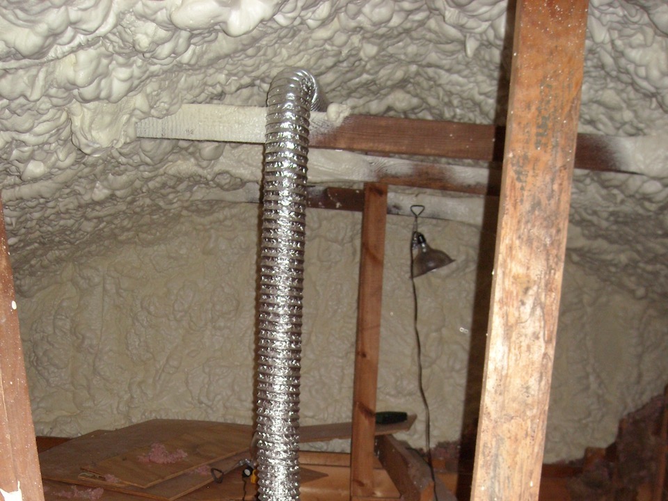 Attic insulated with spray foam at the roofline. Thermal bridging is reduced by spraying over the rafters. Air leakage is reduced by encapsulating the attic.