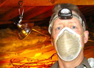 Allison Bailes working in an attic