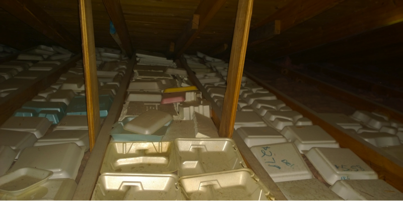 Disposable foam food containers and packing peanuts in attic