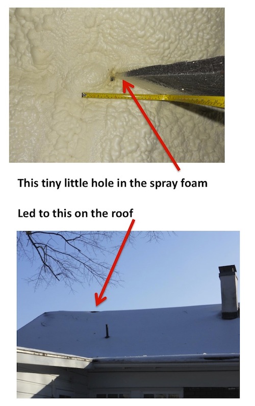 Melted Snow On The Roof Due To A Small Hole In The Spray Foam Insulation And A Compromised Building Envelope