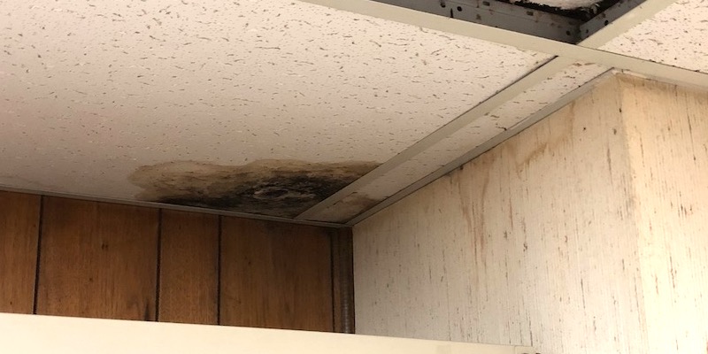 Humidity Damage In Basement Ceiling Tile From Condensation On Uninsulated Air Conditioning Ducts