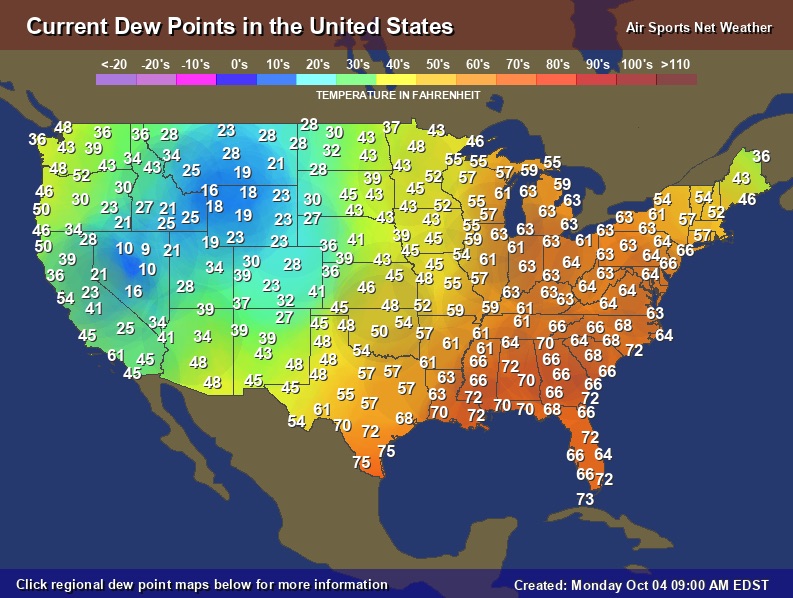 Dew point map of the United States, 4 Oct. 2021