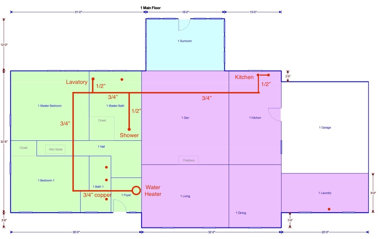 Floor plan showing the hot water pipes to three fixtures before retrofit