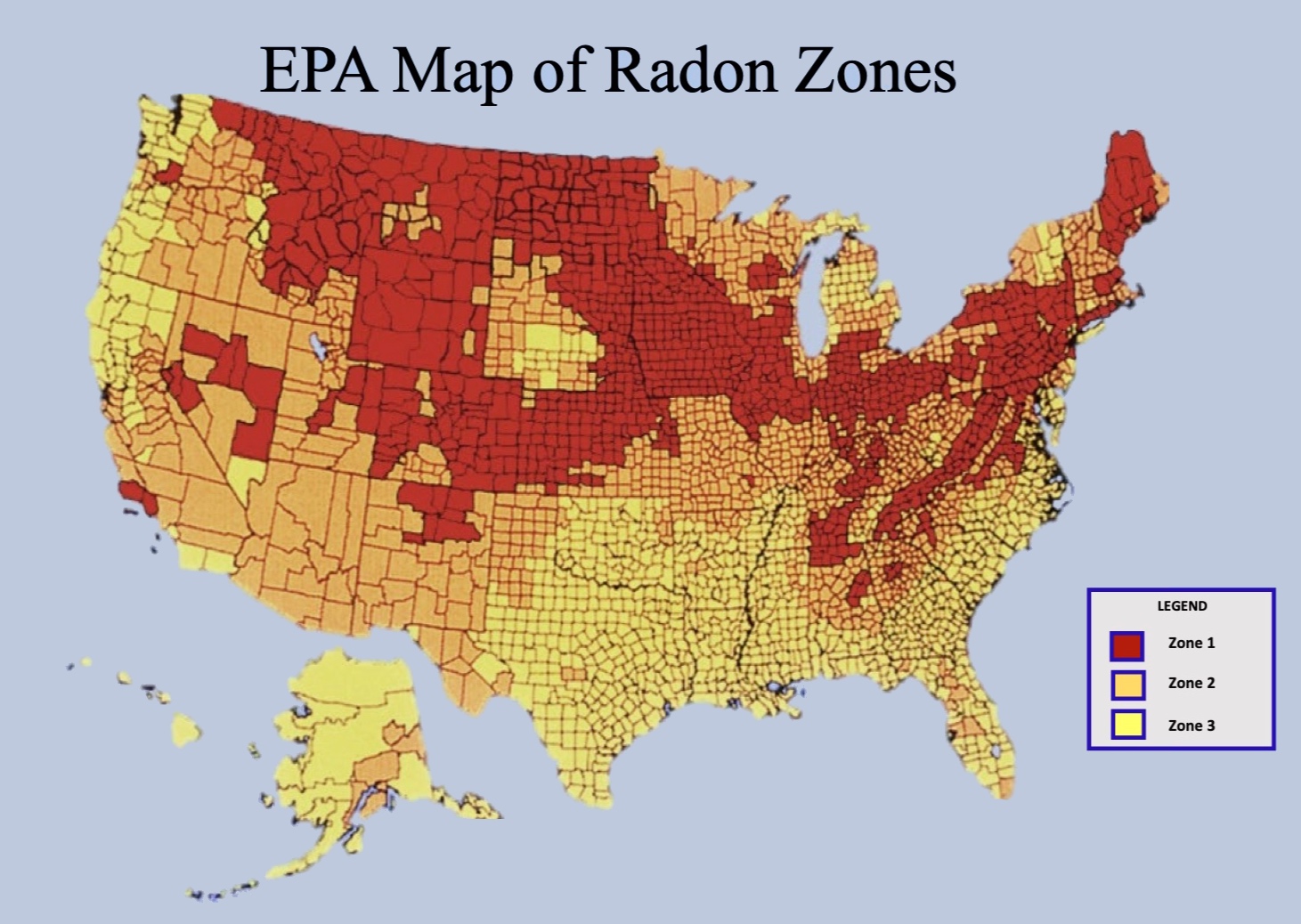 Radon zones in the United States, a map from the US EPA