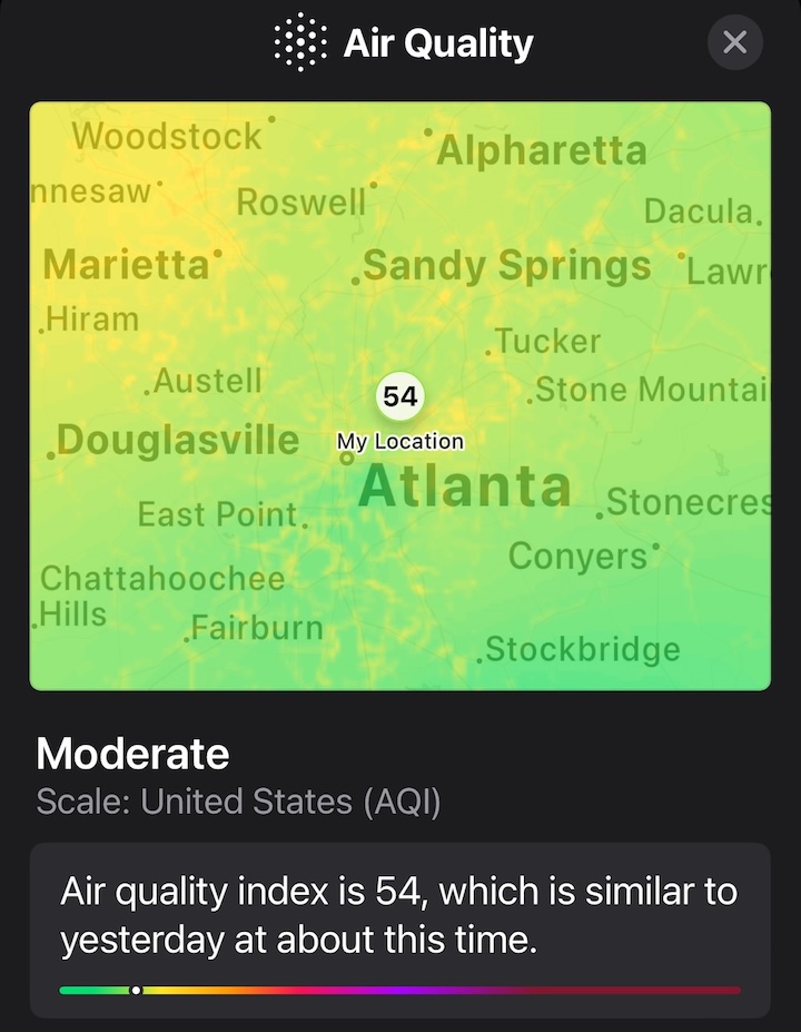 Air quality index in a smartphone weather app