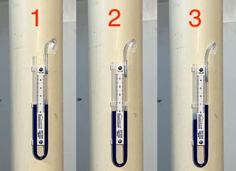 First 3 different conditions for the manometer and radon fan